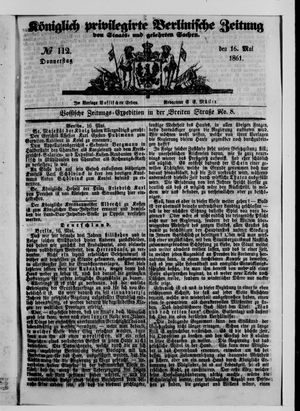 Königlich privilegirte Berlinische Zeitung von Staats- und gelehrten Sachen on May 16, 1861