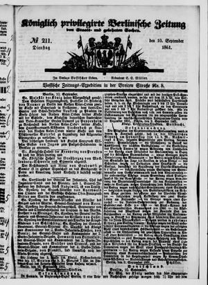 Königlich privilegirte Berlinische Zeitung von Staats- und gelehrten Sachen vom 10.09.1861