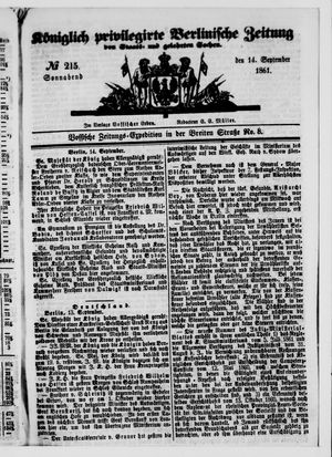 Königlich privilegirte Berlinische Zeitung von Staats- und gelehrten Sachen on Sep 14, 1861