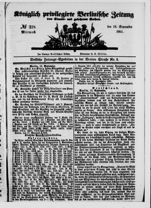 Königlich privilegirte Berlinische Zeitung von Staats- und gelehrten Sachen vom 18.09.1861