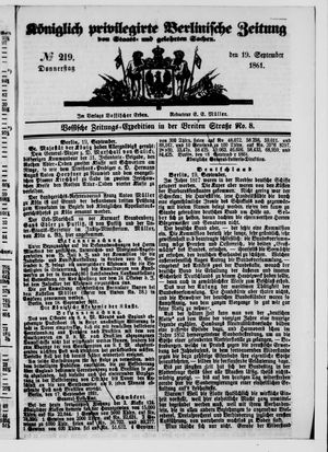Königlich privilegirte Berlinische Zeitung von Staats- und gelehrten Sachen on Sep 19, 1861