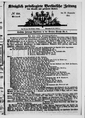 Königlich privilegirte Berlinische Zeitung von Staats- und gelehrten Sachen vom 25.09.1861