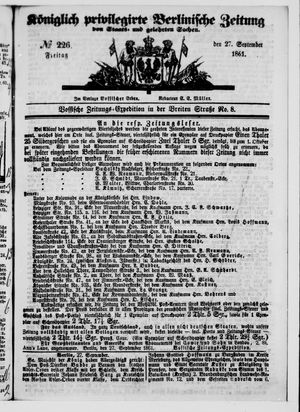 Königlich privilegirte Berlinische Zeitung von Staats- und gelehrten Sachen on Sep 27, 1861
