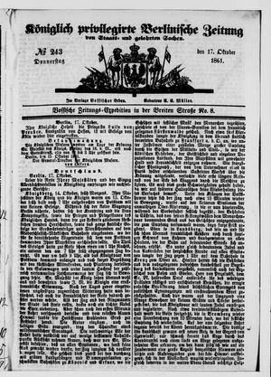 Königlich privilegirte Berlinische Zeitung von Staats- und gelehrten Sachen vom 17.10.1861
