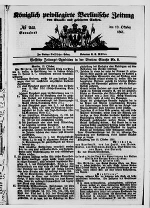 Königlich privilegirte Berlinische Zeitung von Staats- und gelehrten Sachen vom 19.10.1861