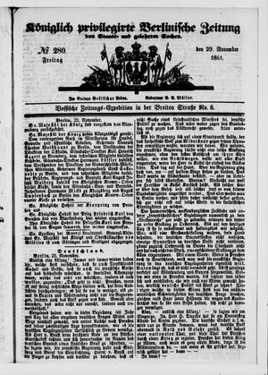 Königlich privilegirte Berlinische Zeitung von Staats- und gelehrten Sachen vom 29.11.1861