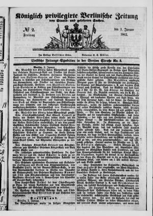 Königlich privilegirte Berlinische Zeitung von Staats- und gelehrten Sachen vom 03.01.1862