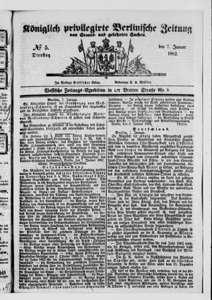 Königlich privilegirte Berlinische Zeitung von Staats- und gelehrten Sachen vom 07.01.1862