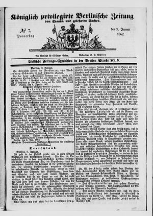 Königlich privilegirte Berlinische Zeitung von Staats- und gelehrten Sachen vom 09.01.1862