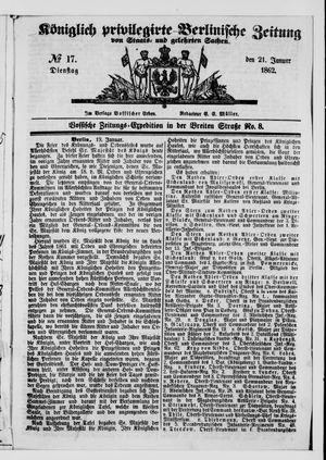 Königlich privilegirte Berlinische Zeitung von Staats- und gelehrten Sachen vom 21.01.1862
