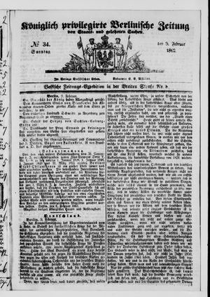 Königlich privilegirte Berlinische Zeitung von Staats- und gelehrten Sachen vom 09.02.1862