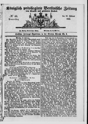 Königlich privilegirte Berlinische Zeitung von Staats- und gelehrten Sachen vom 20.02.1862