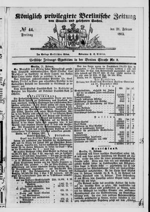 Königlich privilegirte Berlinische Zeitung von Staats- und gelehrten Sachen vom 21.02.1862