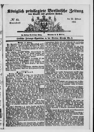 Königlich privilegirte Berlinische Zeitung von Staats- und gelehrten Sachen vom 22.02.1862