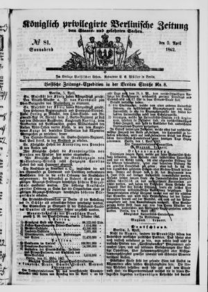 Königlich privilegirte Berlinische Zeitung von Staats- und gelehrten Sachen vom 05.04.1862