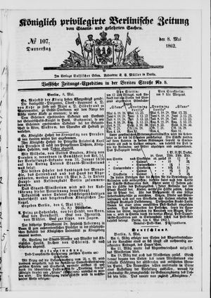 Königlich privilegirte Berlinische Zeitung von Staats- und gelehrten Sachen vom 08.05.1862