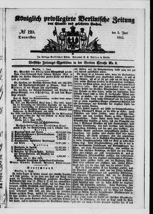 Königlich privilegirte Berlinische Zeitung von Staats- und gelehrten Sachen on Jun 5, 1862