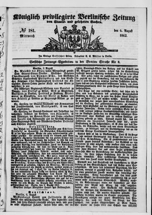 Königlich privilegirte Berlinische Zeitung von Staats- und gelehrten Sachen vom 06.08.1862