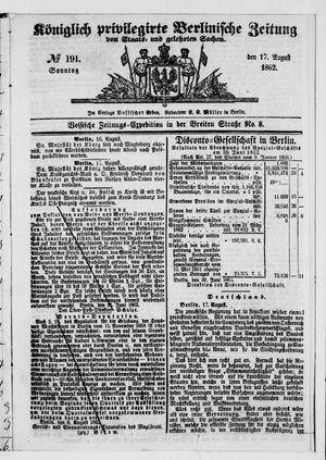Königlich privilegirte Berlinische Zeitung von Staats- und gelehrten Sachen vom 17.08.1862