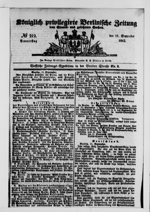 Königlich privilegirte Berlinische Zeitung von Staats- und gelehrten Sachen vom 11.09.1862