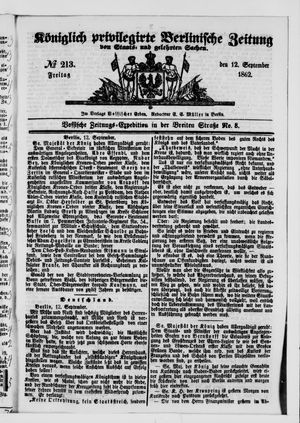 Königlich privilegirte Berlinische Zeitung von Staats- und gelehrten Sachen vom 12.09.1862