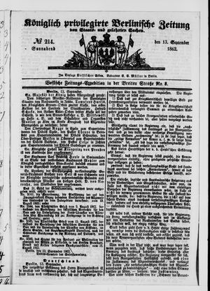 Königlich privilegirte Berlinische Zeitung von Staats- und gelehrten Sachen vom 13.09.1862