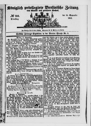 Königlich privilegirte Berlinische Zeitung von Staats- und gelehrten Sachen vom 16.09.1862