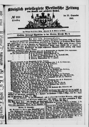 Königlich privilegirte Berlinische Zeitung von Staats- und gelehrten Sachen vom 23.09.1862