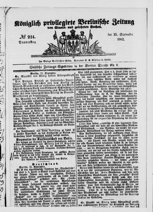 Königlich privilegirte Berlinische Zeitung von Staats- und gelehrten Sachen vom 25.09.1862