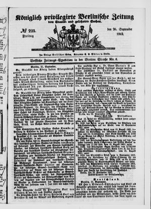 Königlich privilegirte Berlinische Zeitung von Staats- und gelehrten Sachen vom 26.09.1862