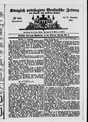 Königlich privilegirte Berlinische Zeitung von Staats- und gelehrten Sachen vom 27.09.1862