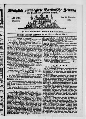 Königlich privilegirte Berlinische Zeitung von Staats- und gelehrten Sachen vom 28.09.1862