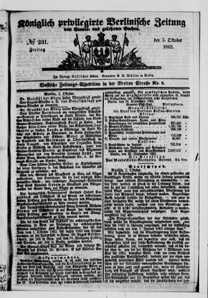Königlich privilegirte Berlinische Zeitung von Staats- und gelehrten Sachen vom 03.10.1862