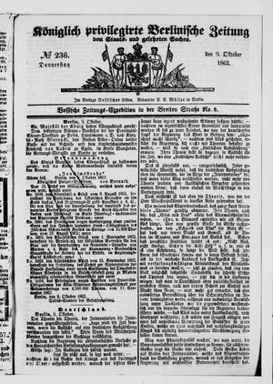 Königlich privilegirte Berlinische Zeitung von Staats- und gelehrten Sachen vom 09.10.1862