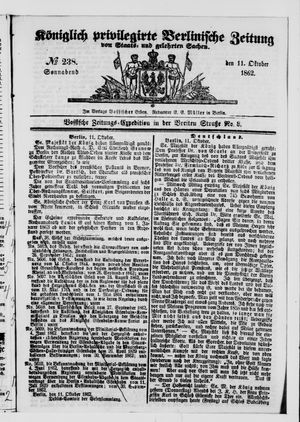 Königlich privilegirte Berlinische Zeitung von Staats- und gelehrten Sachen vom 11.10.1862