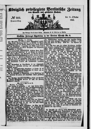 Königlich privilegirte Berlinische Zeitung von Staats- und gelehrten Sachen vom 16.10.1862