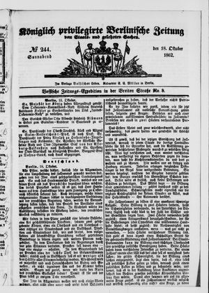 Königlich privilegirte Berlinische Zeitung von Staats- und gelehrten Sachen vom 18.10.1862