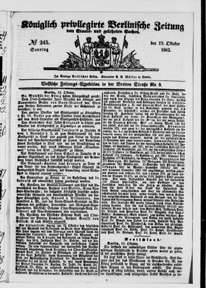 Königlich privilegirte Berlinische Zeitung von Staats- und gelehrten Sachen vom 19.10.1862