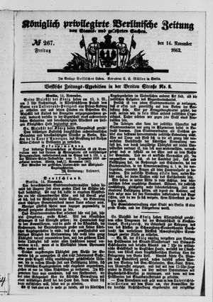 Königlich privilegirte Berlinische Zeitung von Staats- und gelehrten Sachen vom 14.11.1862