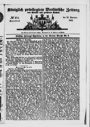 Königlich privilegirte Berlinische Zeitung von Staats- und gelehrten Sachen vom 22.11.1862