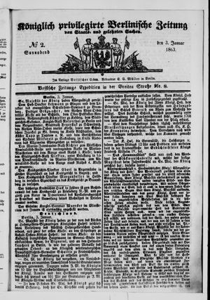 Königlich privilegirte Berlinische Zeitung von Staats- und gelehrten Sachen on Jan 3, 1863