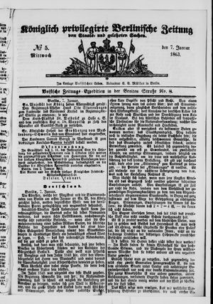 Königlich privilegirte Berlinische Zeitung von Staats- und gelehrten Sachen vom 07.01.1863