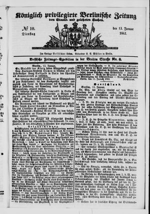 Königlich privilegirte Berlinische Zeitung von Staats- und gelehrten Sachen vom 13.01.1863