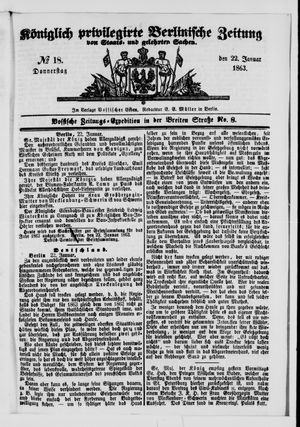 Königlich privilegirte Berlinische Zeitung von Staats- und gelehrten Sachen on Jan 22, 1863