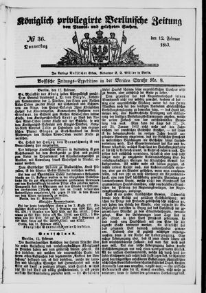Königlich privilegirte Berlinische Zeitung von Staats- und gelehrten Sachen on Feb 12, 1863