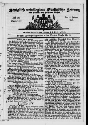 Königlich privilegirte Berlinische Zeitung von Staats- und gelehrten Sachen vom 14.02.1863