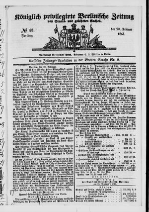 Königlich privilegirte Berlinische Zeitung von Staats- und gelehrten Sachen vom 20.02.1863
