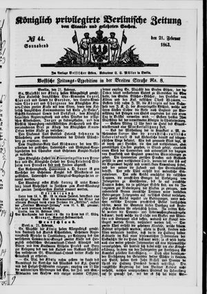 Königlich privilegirte Berlinische Zeitung von Staats- und gelehrten Sachen vom 21.02.1863