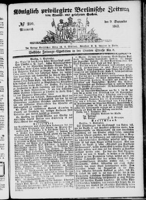 Königlich privilegirte Berlinische Zeitung von Staats- und gelehrten Sachen vom 09.09.1863