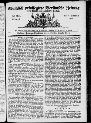 Königlich privilegirte Berlinische Zeitung von Staats- und gelehrten Sachen on Sep 16, 1863